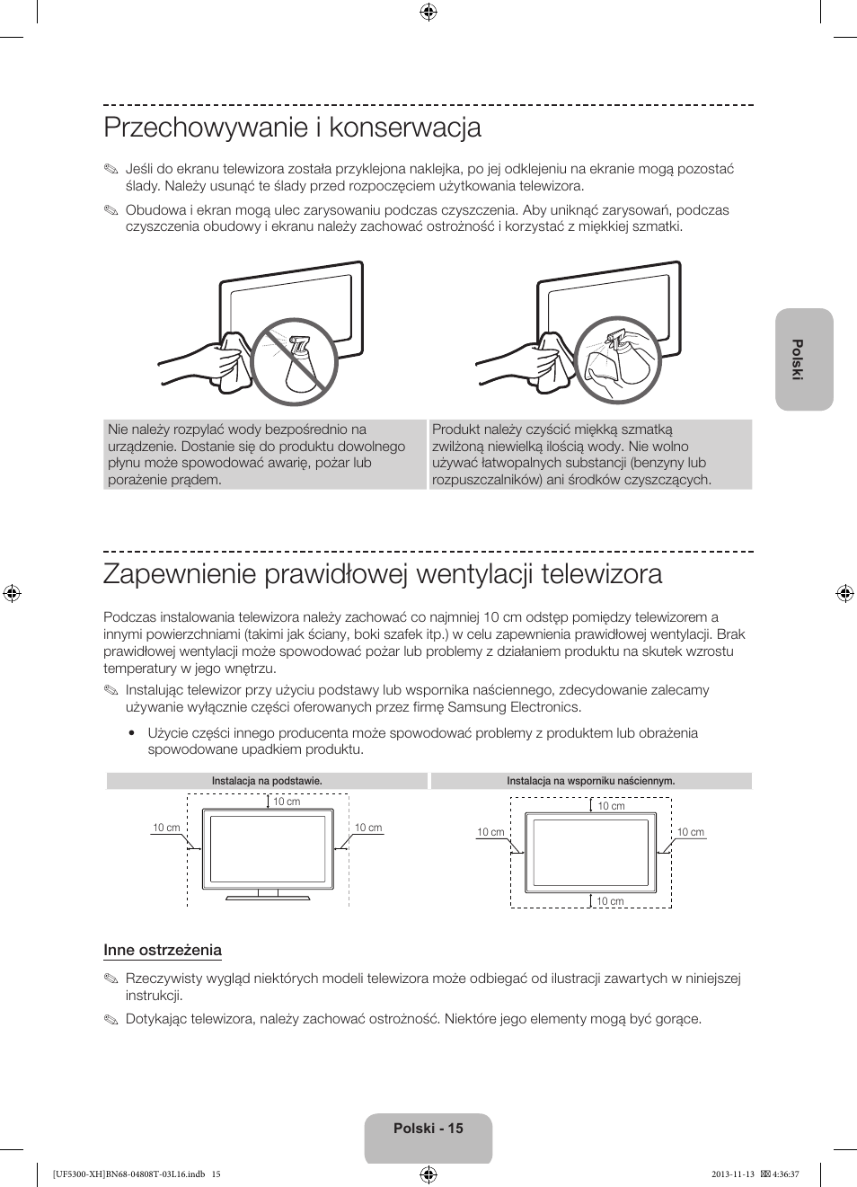 Przechowywanie i konserwacja, Zapewnienie prawidłowej wentylacji telewizora | Samsung UE40F5300AW User Manual | Page 51 / 289