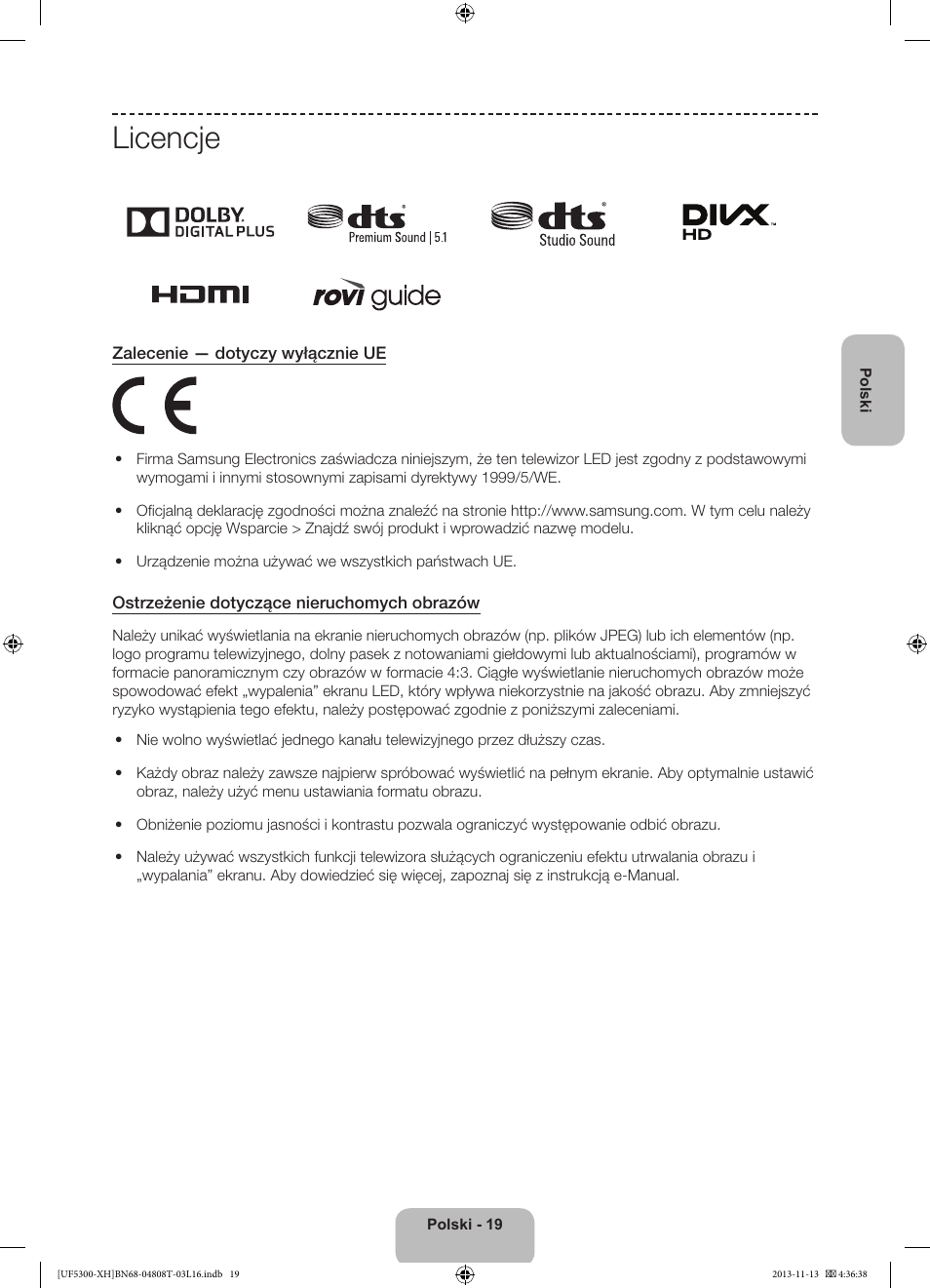 Licencje | Samsung UE40F5300AW User Manual | Page 55 / 289