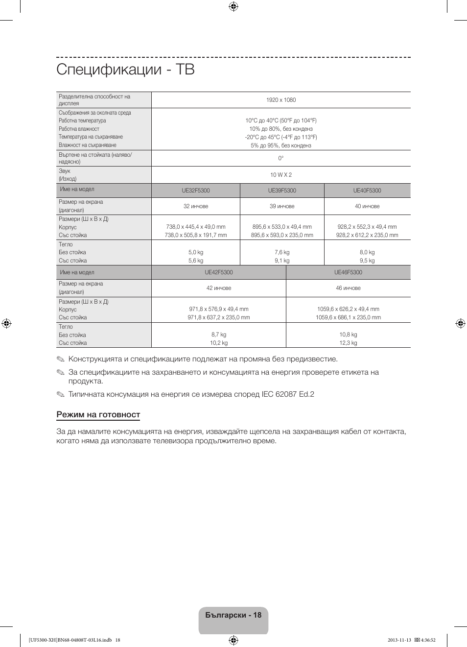 Спецификации - тв, Режим на готовност | Samsung UE40F5300AW User Manual | Page 90 / 289