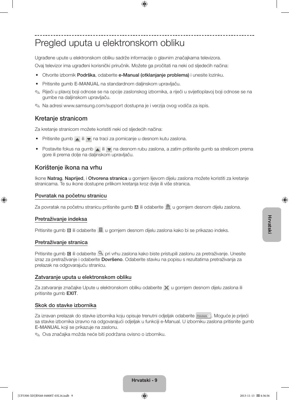 Pregled uputa u elektronskom obliku, Kretanje stranicom, Korištenje ikona na vrhu | Samsung UE40F5300AW User Manual | Page 99 / 289