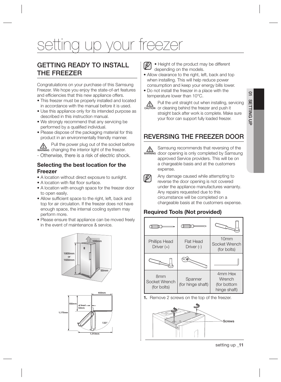 Setting up your freezer, Getting ready to install the freezer, Reversing the freezer door | Samsung RZ80EEIS User Manual | Page 11 / 180