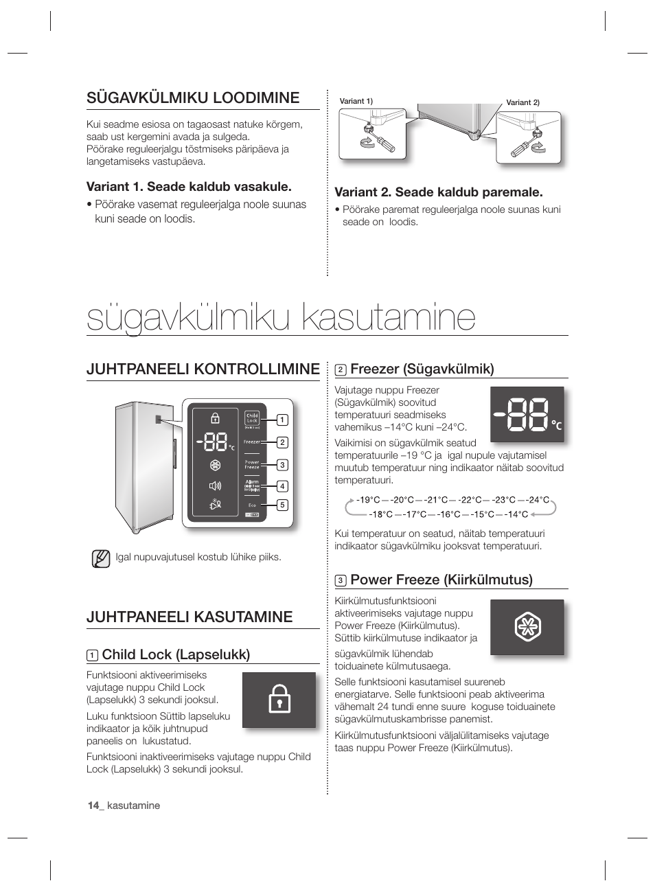Sügavkülmiku kasutamine, Sügavkülmiku loodimine, Juhtpaneeli kontrollimine | Juhtpaneeli kasutamine, Freezer (sügavkülmik), Power freeze (kiirkülmutus), Child lock (lapselukk) | Samsung RZ80EEIS User Manual | Page 134 / 180