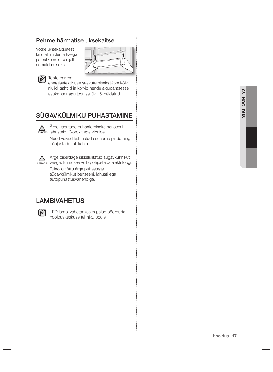 Sügavkülmiku puhastamine, Lambivahetus, Pehme härmatise uksekaitse | Samsung RZ80EEIS User Manual | Page 137 / 180