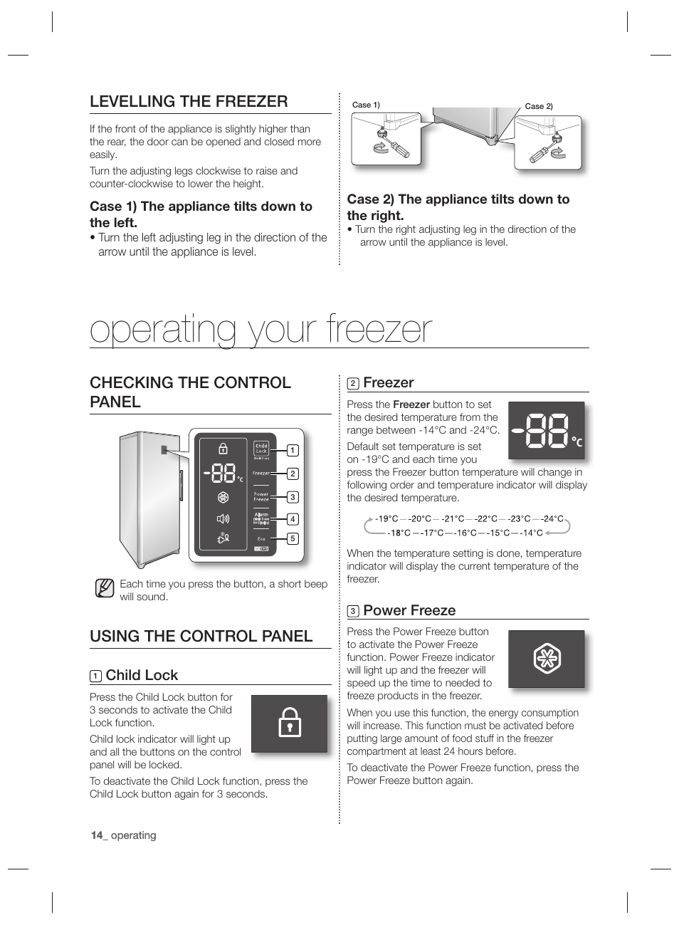Operating your freezer, Levelling the freezer, Checking the control panel | Using the control panel, Freezer, Power freeze, Child lock | Samsung RZ80EEIS User Manual | Page 14 / 180