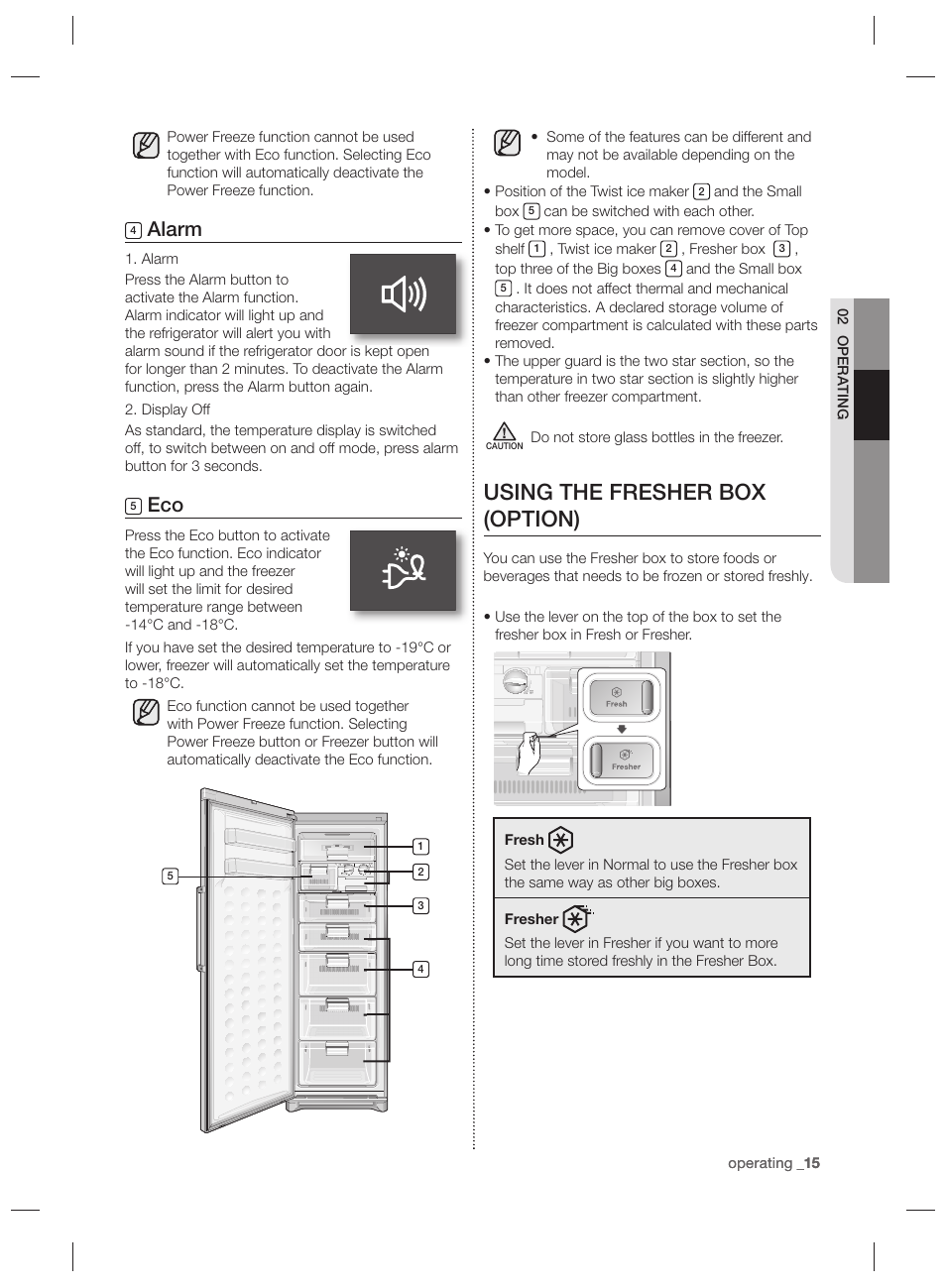 Using the fresher box (option), Alarm | Samsung RZ80EEIS User Manual | Page 15 / 180