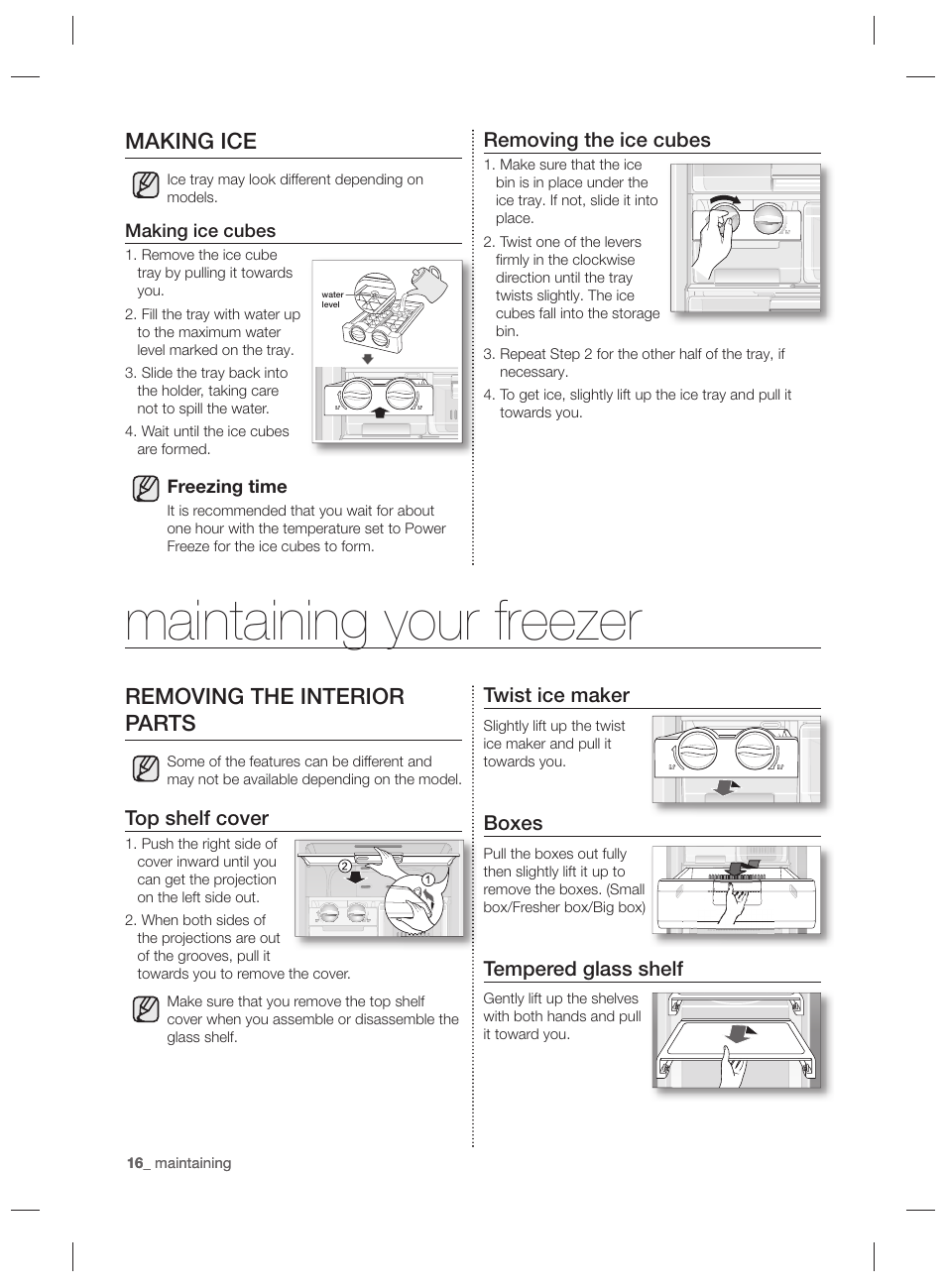 Maintaining your freezer, Making ice, Removing the interior parts | Samsung RZ80EEIS User Manual | Page 16 / 180