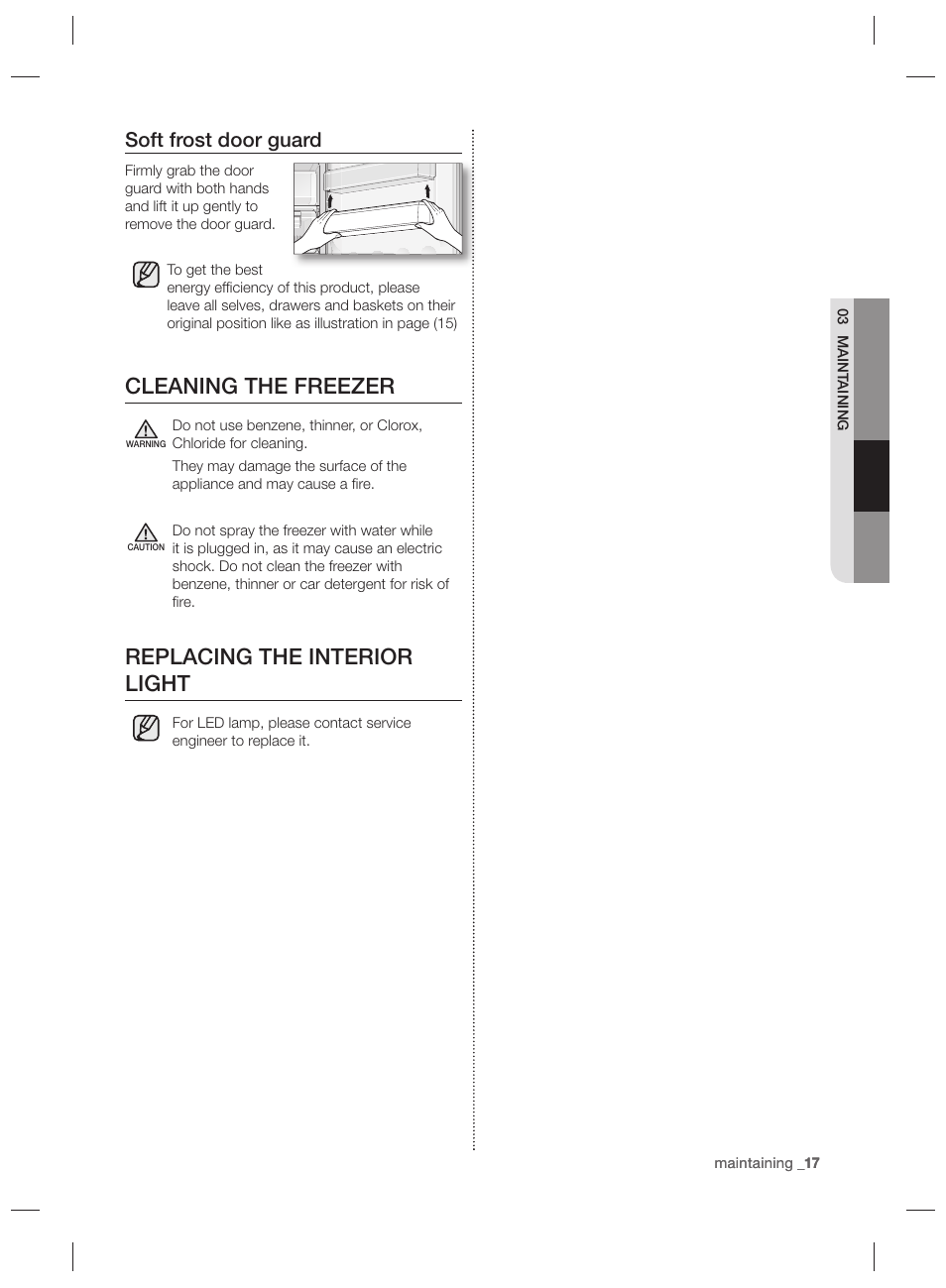 Cleaning the freezer, Replacing the interior light, Soft frost door guard | Samsung RZ80EEIS User Manual | Page 17 / 180