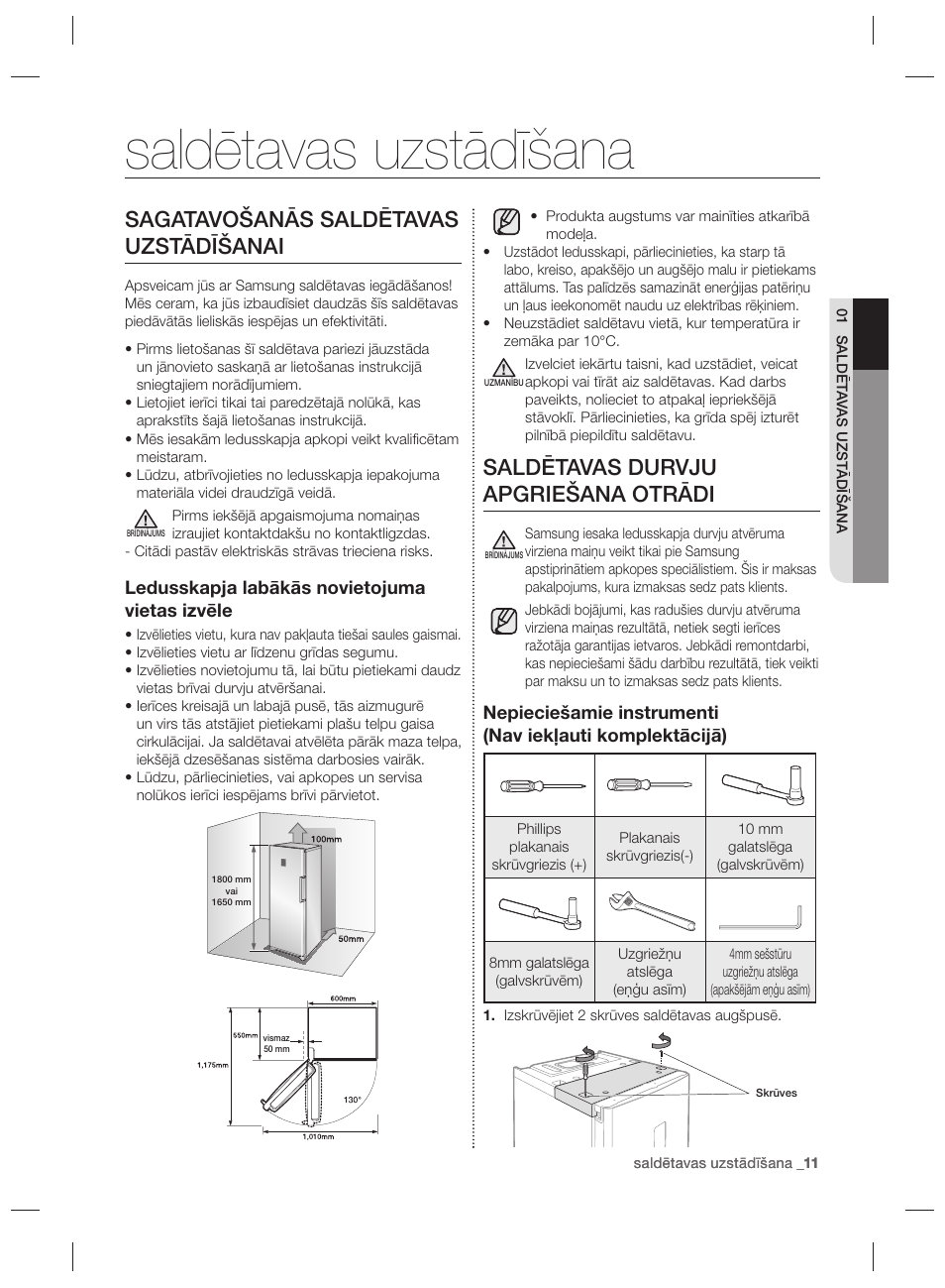 Saldētavas uzstādīšana, Sagatavošanās saldētavas uzstādīšanai, Saldētavas durvju apgriešana otrādi | Samsung RZ80EEIS User Manual | Page 171 / 180