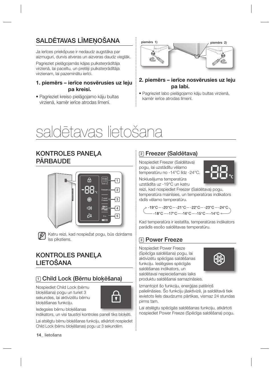 Saldētavas lietošana, Saldētavas līmeņošana, Kontroles paneļa pārbaude | Kontroles paneļa lietošana, Freezer (saldētava), Power freeze, Child lock (bērnu bloķēšana) | Samsung RZ80EEIS User Manual | Page 174 / 180