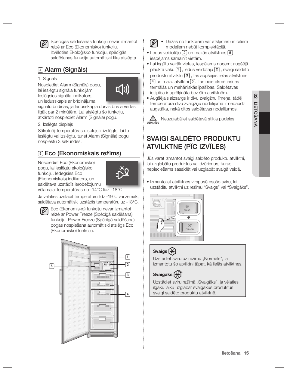 Svaigi saldēto produktu atvilktne (pîc izvîles), Alarm (signāls), Eco (ekonomiskais režīms) | Samsung RZ80EEIS User Manual | Page 175 / 180