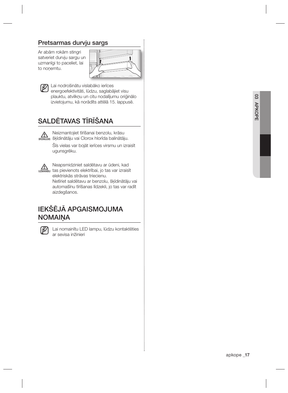 Saldētavas tīrīšana, Iekšējā apgaismojuma nomaiņa, Pretsarmas durvju sargs | Samsung RZ80EEIS User Manual | Page 177 / 180