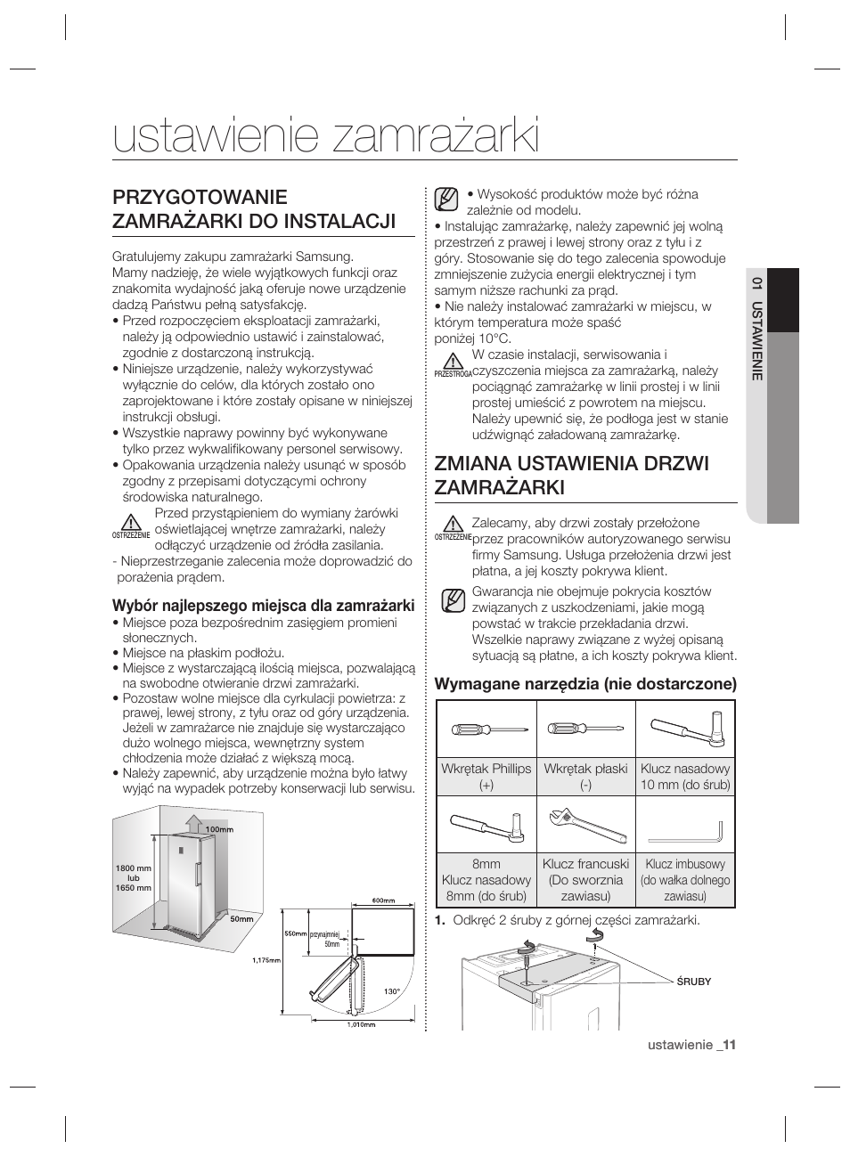 Ustawienie zamrażarki, Przygotowanie zamrażarki do instalacji, Zmiana ustawienia drzwi zamrażarki | Samsung RZ80EEIS User Manual | Page 31 / 180