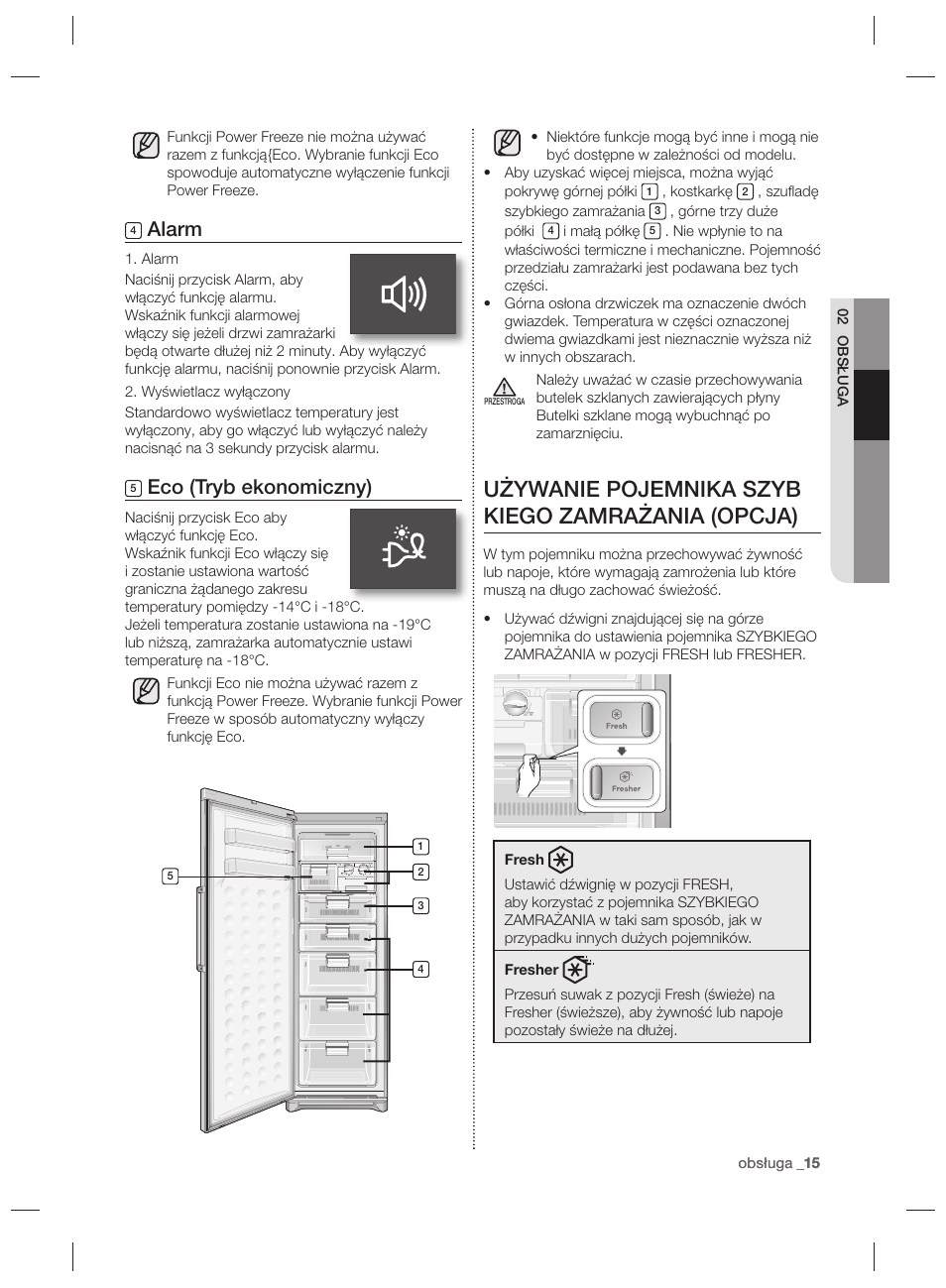 Używanie pojemnika szyb kiego zamrażania (opcja), Alarm, Eco (tryb ekonomiczny) | Samsung RZ80EEIS User Manual | Page 35 / 180