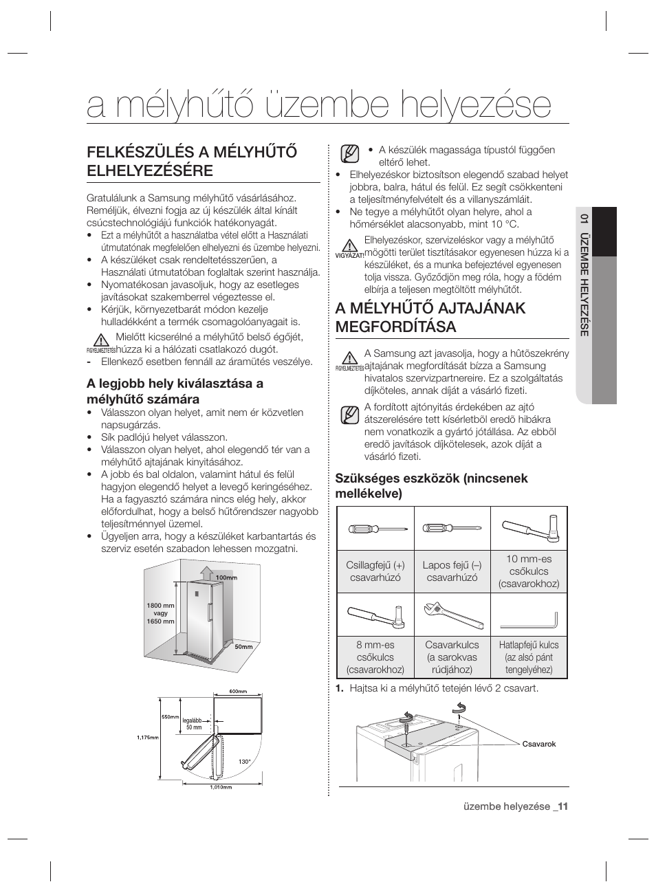 A mélyhűtő üzembe helyezése, Felkészülés a mélyhűtő elhelyezésére, A mélyhűtő ajtajának megfordítása | Samsung RZ80EEIS User Manual | Page 51 / 180