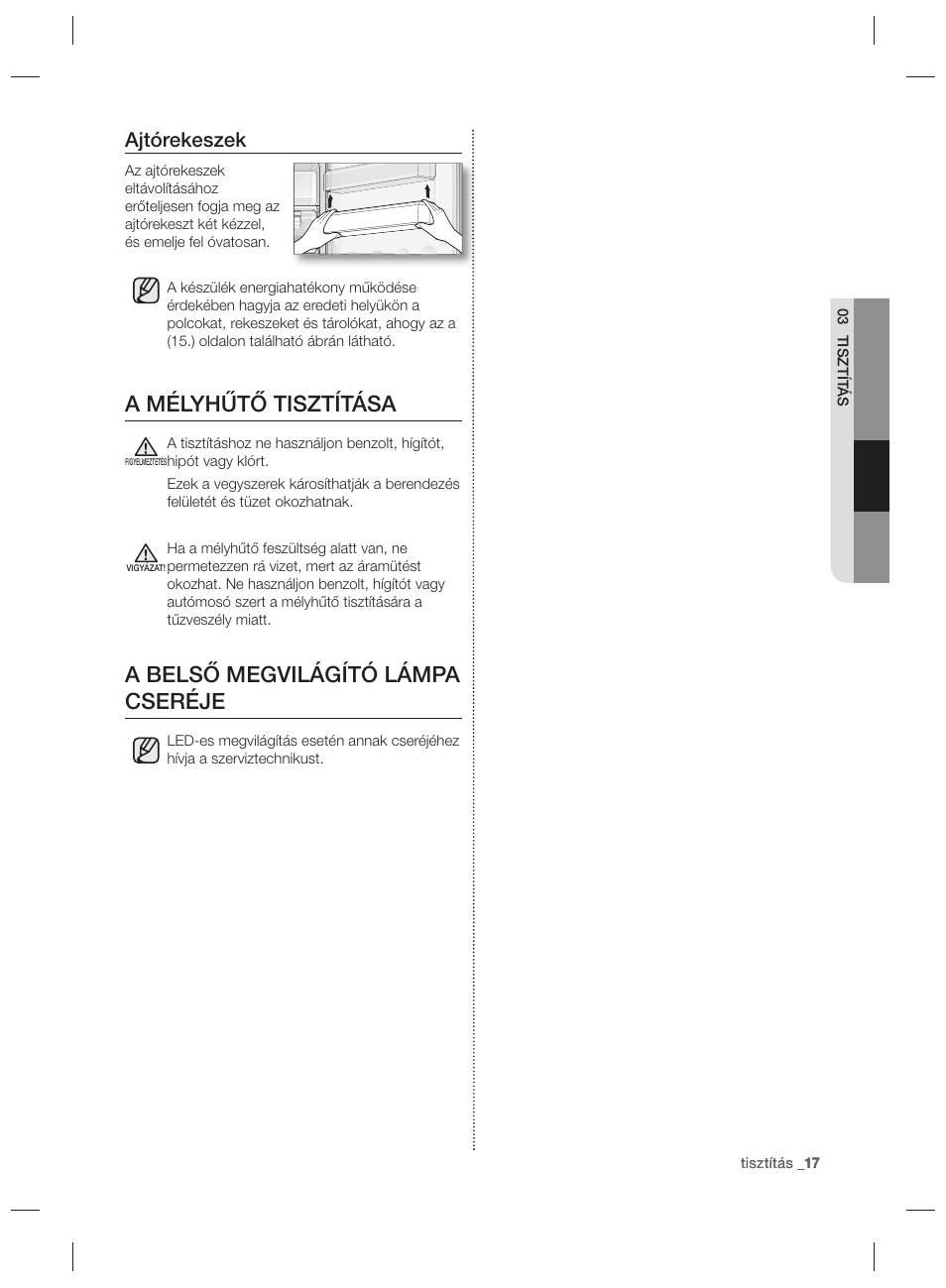 A mélyhűtő tisztítása, A belső megvilágító lámpa cseréje, Ajtórekeszek | Samsung RZ80EEIS User Manual | Page 57 / 180