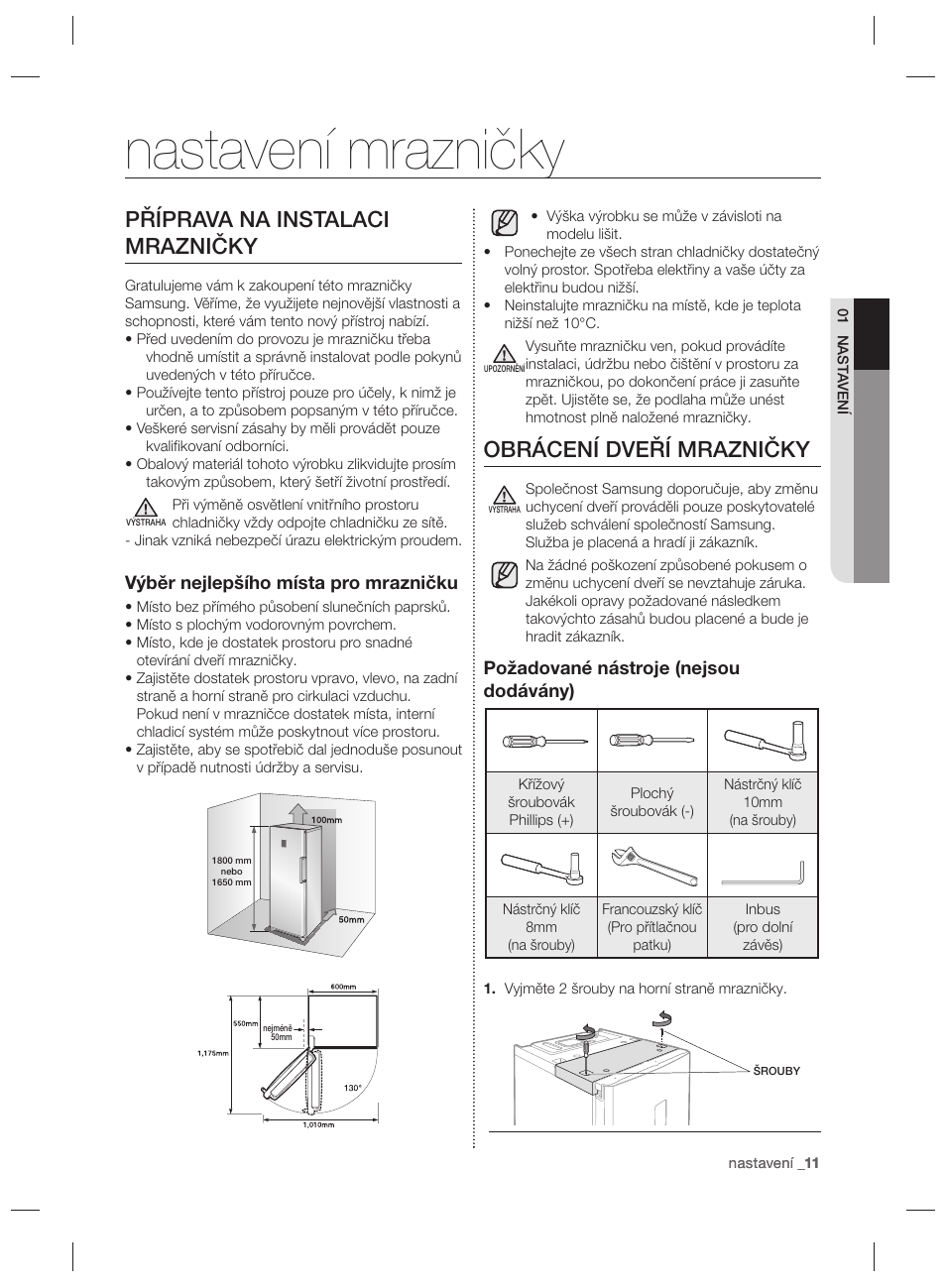 Nastavení mrazničky, Příprava na instalaci mrazničky, Obrácení dveří mrazničky | Samsung RZ80EEIS User Manual | Page 71 / 180