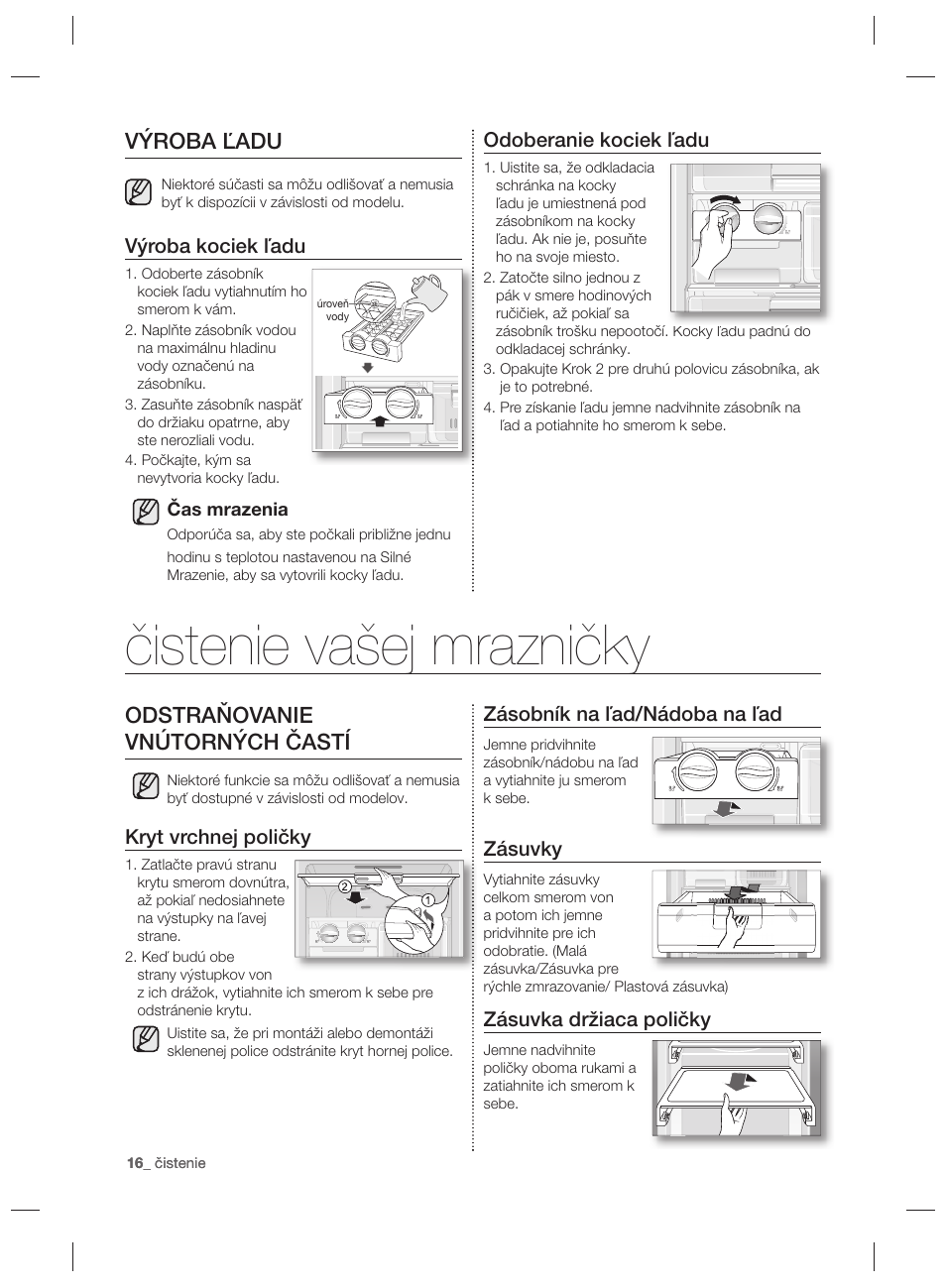Čistenie vašej mrazničky, Výroba ľadu, Odstraňovanie vnútorných častí | Odoberanie kociek ľadu, Výroba kociek ľadu, Zásobník na ľad/nádoba na ľad, Zásuvky, Zásuvka držiaca poličky, Kryt vrchnej poličky | Samsung RZ80EEIS User Manual | Page 96 / 180