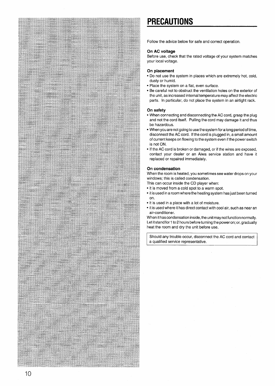 Precautions, On ac voltage, On placement | On safety, On condensation | Aiwa CX-N4000 U User Manual | Page 10 / 84