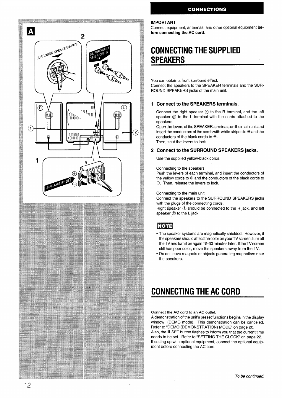 Important, Connecting the supplied speakers, Connecting the ac cord | Aiwa CX-N4000 U User Manual | Page 12 / 84