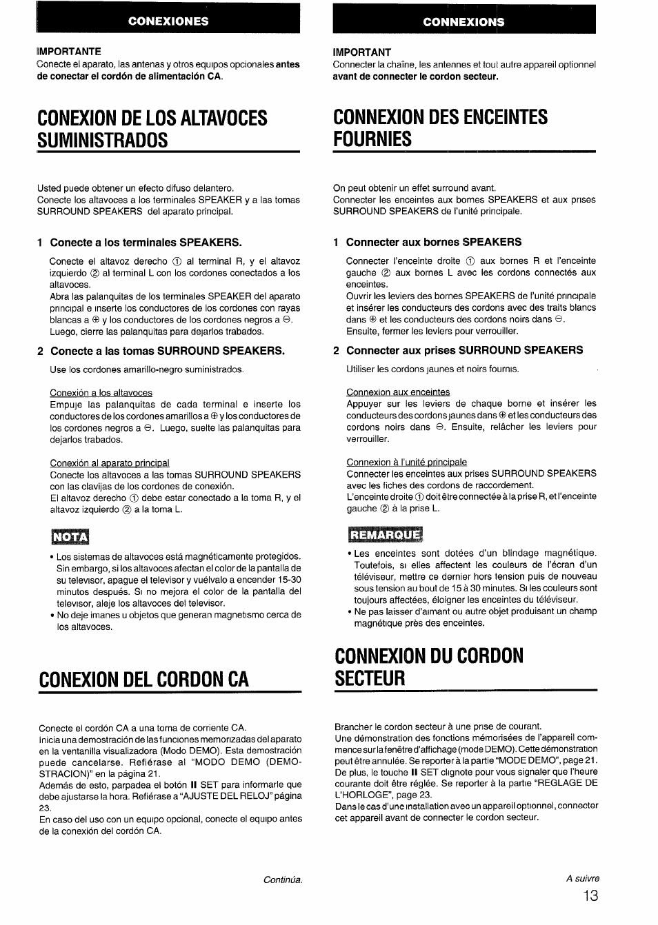 Importante, Important, Conexion de los altavoces suministrados | Connexion des enceintes fournies, 1 conecte a los terminales speakers, 2 conecte a las tomas surround speakers, Conexion del cordon ca, 1 connecter aux bornes speakers, 2 connecter aux prises surround speakers, Connexion du cordon secteur | Aiwa CX-N4000 U User Manual | Page 13 / 84