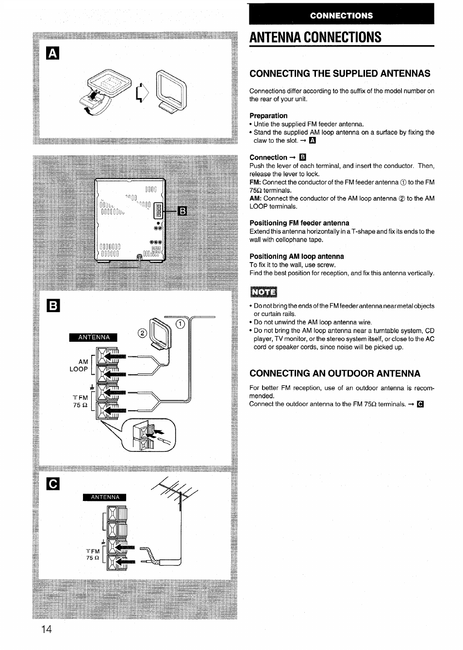 Antenna connections, Connecting the supplied antennas, Preparation | Connection -► id, Positioning fm feeder antenna, Positioning am loop antenna, Connecting an outdoor antenna, S'©j | Aiwa CX-N4000 U User Manual | Page 14 / 84