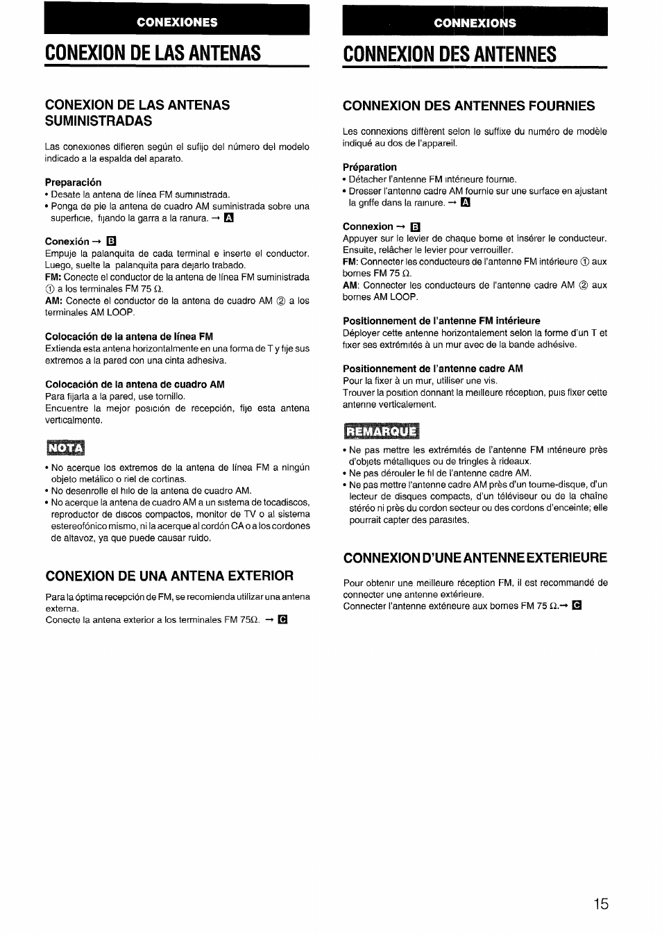 Conexion de las antenas, Connexion des antennes, Conexion de las antenas suministradas | Preparación, Conexión -* [0, Coiocación de ia antena de iínea fm, Colocación de la antena de cuadro am, Conexion de una antena exterior, Connexion des antennes fournies, Préparation | Aiwa CX-N4000 U User Manual | Page 15 / 84