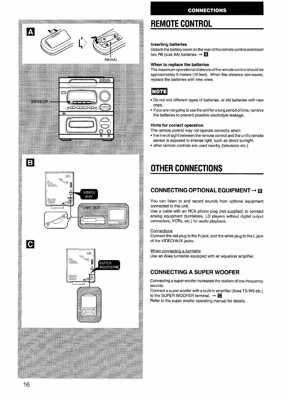 Remote control, Inserting batteries, When to replace the batteries | Hints for correct operation, Other connections, Connecting optional equipment-* d, Connecting a super woofer, Bssi | Aiwa CX-N4000 U User Manual | Page 16 / 84