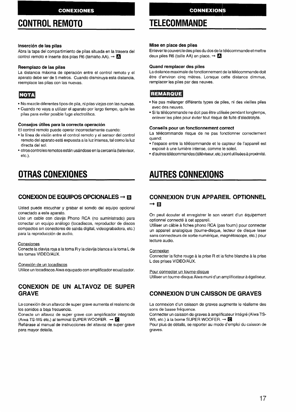 Control remoto, Telecommande, Inserción de las pilas | Reemplazo de las pilas, Mise en place des piles, Quand remplacer des piles, Consejos útiles para la correcta operación, Conseils pour un fonctionnement correct, Otras conexiones, Autres connexions | Aiwa CX-N4000 U User Manual | Page 17 / 84