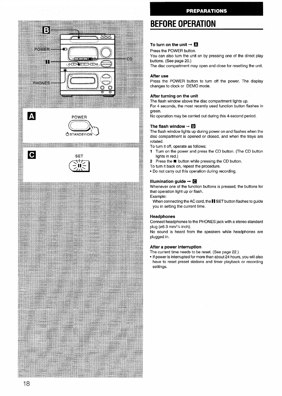 Before operation, To turn on the unit, After use | After turning on the unit, The fiash window id, Illumination guide -» q, Headphones, After a power interruption | Aiwa CX-N4000 U User Manual | Page 18 / 84