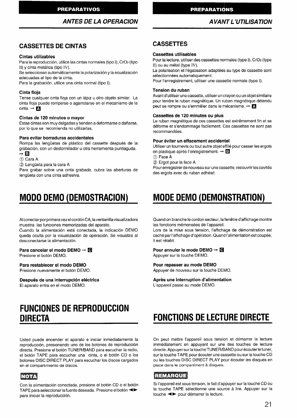 Cassettes de cintas, Cintas utilízables, Cinta fioja | Cintas de 120 minutos o mayor, Para evitar borraduras accidentaies, Cassettes, Cassettes utilisables, Tension du ruban, Cassettes de 120 minutes ou plus, Pour éviter un effacement accidentel | Aiwa CX-N4000 U User Manual | Page 21 / 84