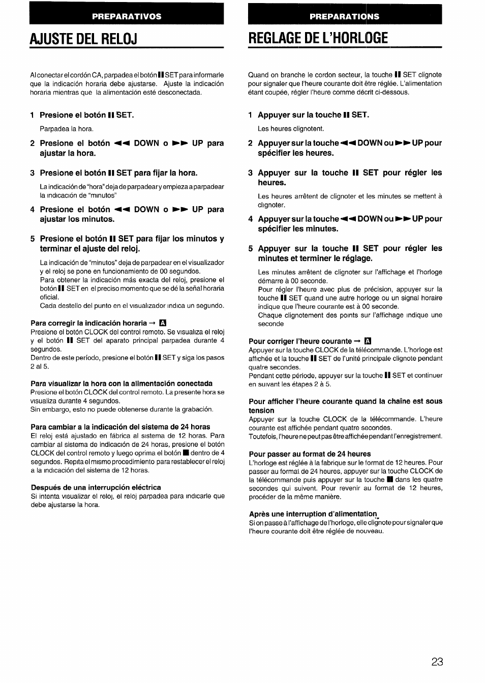 Reglage de l’horloge, Ajuste del reloj | Aiwa CX-N4000 U User Manual | Page 23 / 84