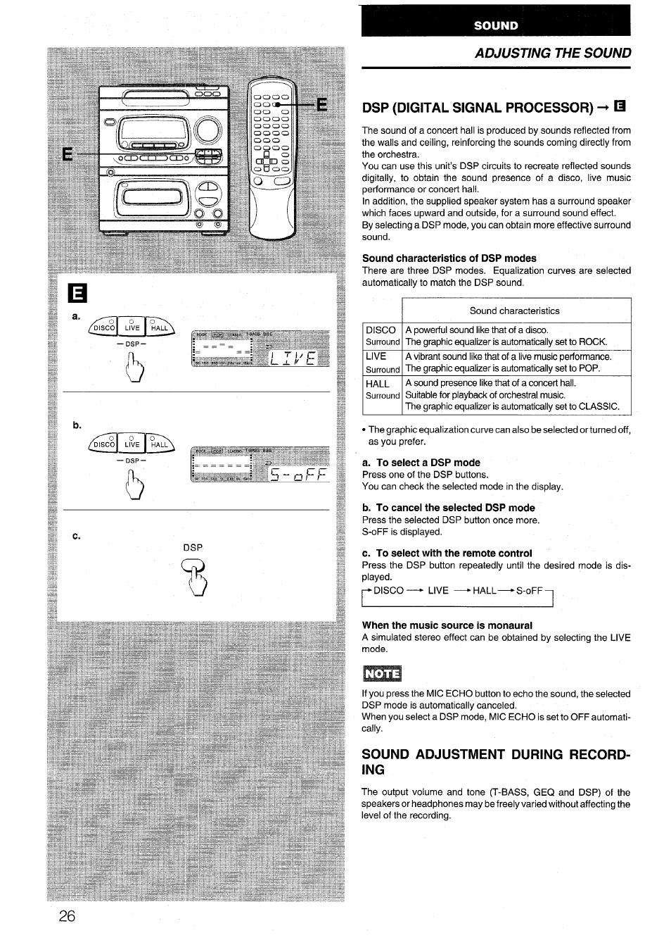 Dsp (digital signal processor) 0, Sound characteristics of dsp modes, A. to seiect a dsp mode | B. to cancel the selected dsp mode, C. to select with the remote control, When the music source is monaural, Sound adjustment during recording, О h h, Adjusting the sound, Sound adjustment during record­ ing | Aiwa CX-N4000 U User Manual | Page 26 / 84