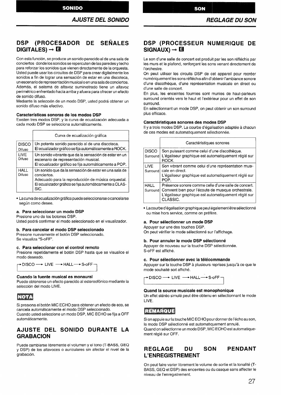 Dsp (procesador de señales digitales) il, Características sonoras de los modos dsp, A. para seleccionar un modo dsp | B. para cancelar el modo dsp seleccionado, C. para seleccionar con el control remoto, Cuando la fuente musical es monaural, Ajuste del sonido durante la grabacion, Dsp (processeur numerique de signaux) il, Caractéristiques sonores des modes dsp, A. pour sélectionner un mode dsp | Aiwa CX-N4000 U User Manual | Page 27 / 84