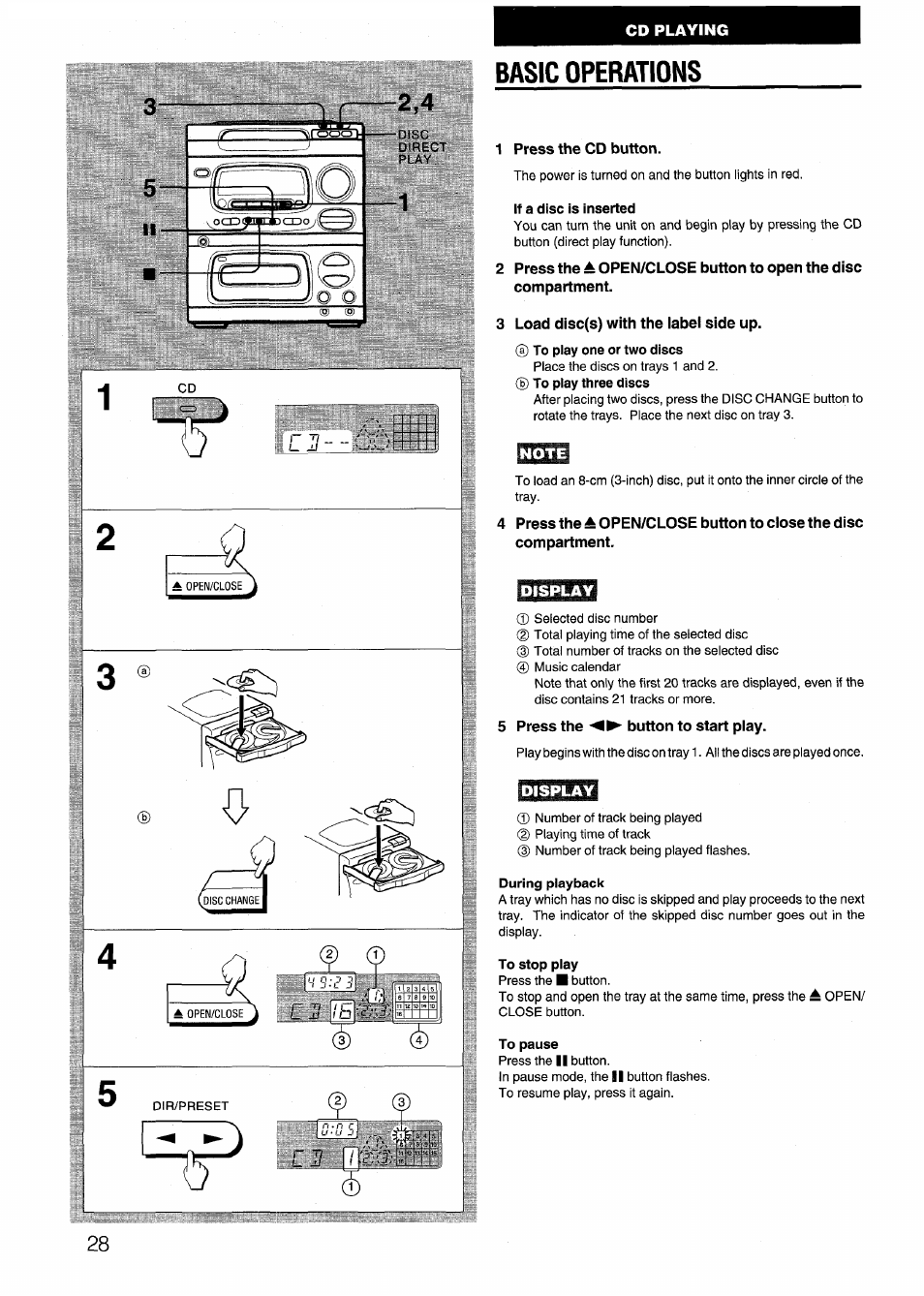 Basic operations, 1 press the cd button, 3 load disc(s) with the iabei side up | 5 press the button to start piay | Aiwa CX-N4000 U User Manual | Page 28 / 84