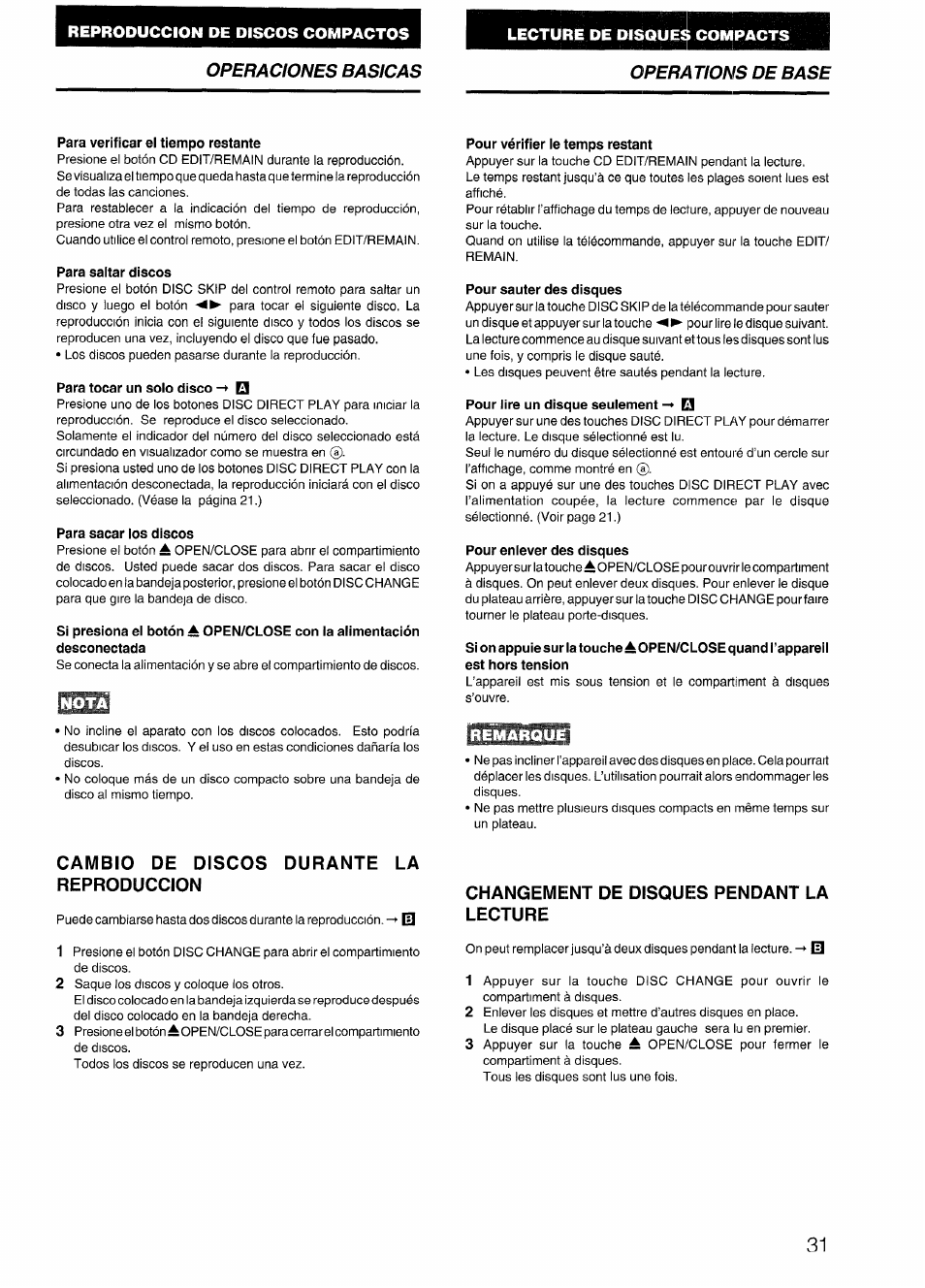 Para verificar el tiempo restante, Para saitar discos, Para tocar un solo disco | Para sacar los discos, Pour vérifier le temps restant, Pour sauter des disques, Pour lire un disque seulement, Pour enlever des disques, Cambio de discos durante la reproduccion, Changement de disques pendant la lecture | Aiwa CX-N4000 U User Manual | Page 31 / 84