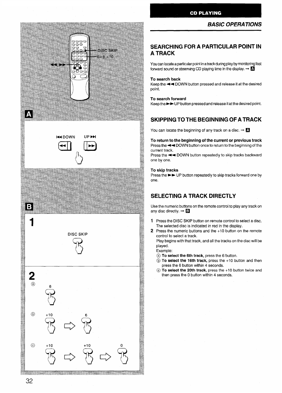 Searching for a particular point in atrack, To search back, To search forward | Skipping to the beginning of a track, To skip tracks, Selecting a track directly, D qb, Basic operations | Aiwa CX-N4000 U User Manual | Page 32 / 84