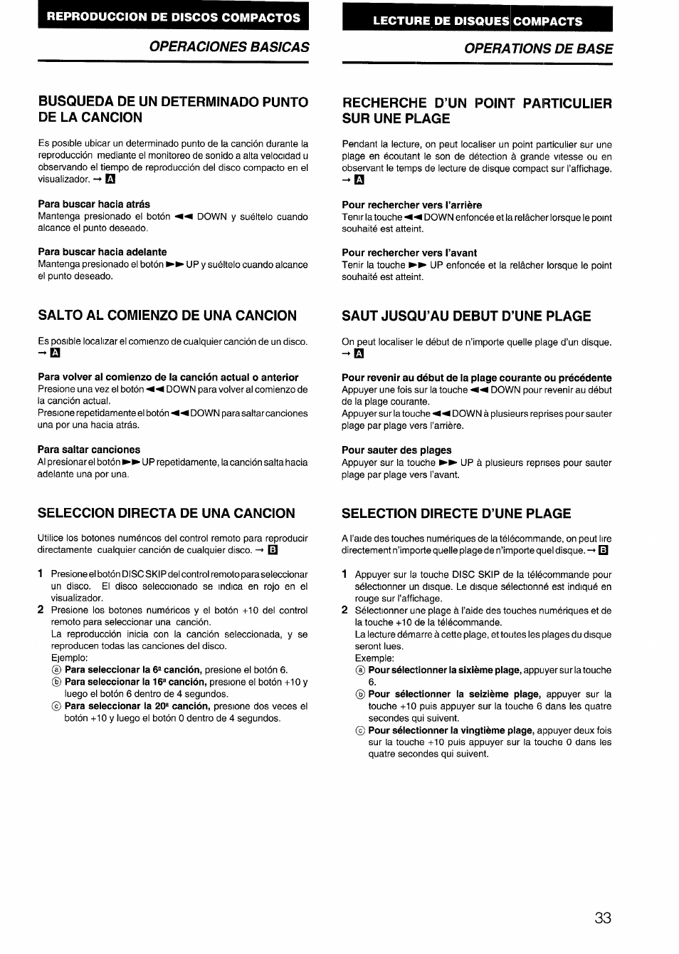 Busqueda de un determinado punto de la cancion, Recherche d’un point particulier sur une plage, Para buscar hacia atrás | Para buscar hacia adelante, Pour rechercher vers l’arrière, Pour rechercher vers l’avant, Salto al comienzo de una cancion, Saut jusqu’au debut d’une plage, Para saltar canciones, Pour sauter des piages | Aiwa CX-N4000 U User Manual | Page 33 / 84