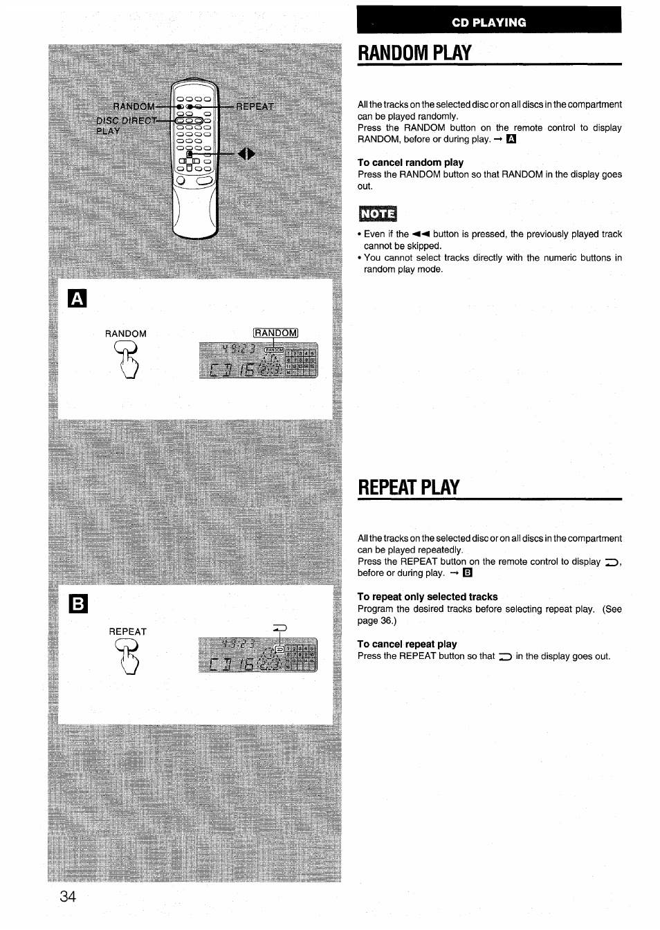 Random play, To cancel random play, Repeat play | To repeat only selected tracks, To cancel repeat play, Random play repeat play | Aiwa CX-N4000 U User Manual | Page 34 / 84