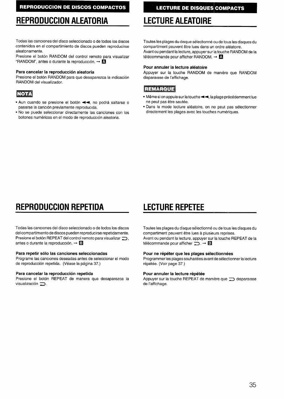 Reproduccion aleatoria, Para cancelar la reproducción aleatoria, Pour annuler la lecture aléatoire | Reproduccion repetida, Para repetir sólo las canciones seleccionadas, Pour ne répéter que les plages sélectionnées, Para cancelar la reproducción repetida, Pour annuler la lecture répétée, Reproduccion aleatoria reproduccion repetida, Reproduccion aleatoria lecture aleatoire | Aiwa CX-N4000 U User Manual | Page 35 / 84