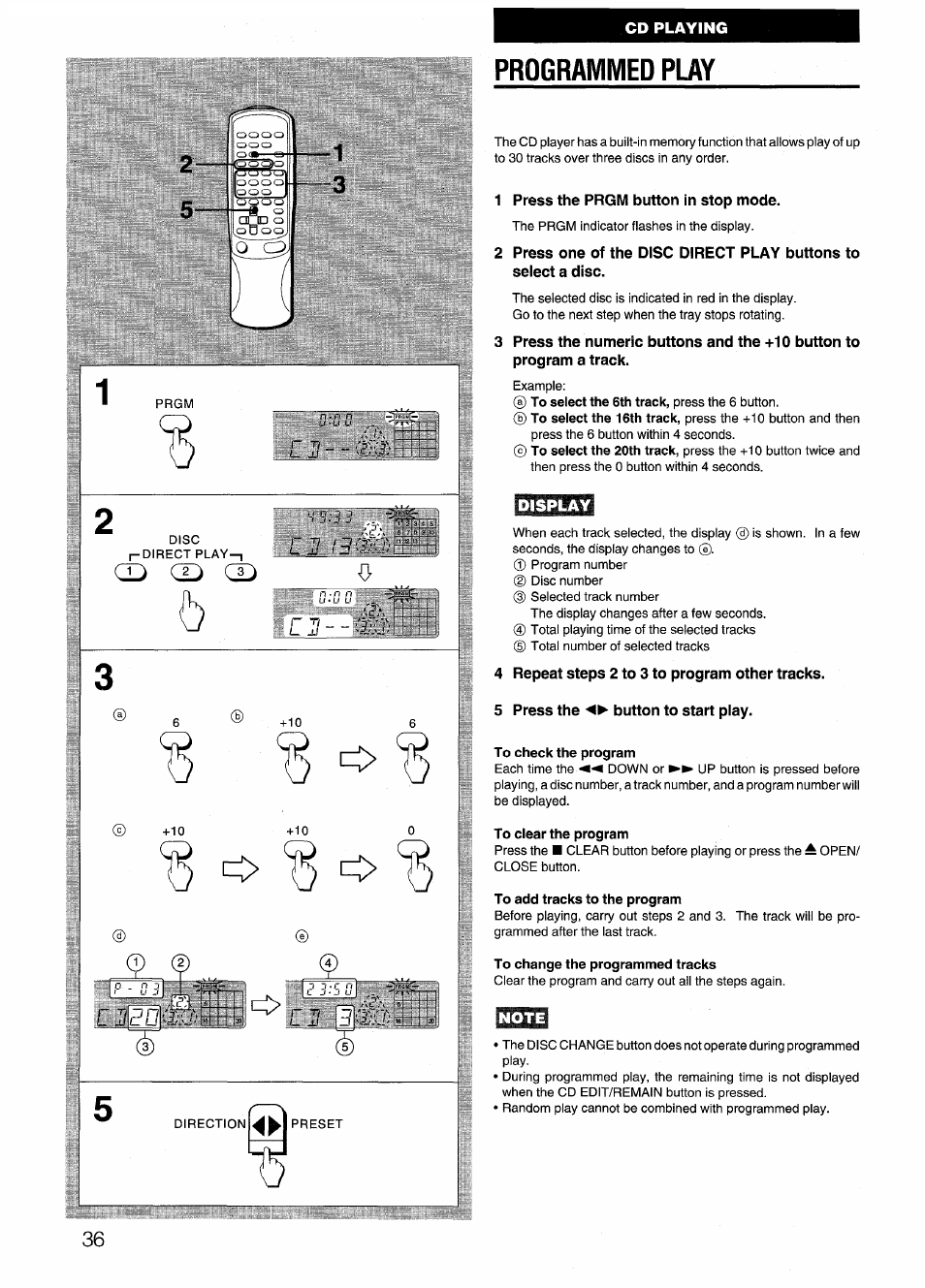 Programmed play, 1 press the prgm button in stop mode, To select the 6th track, press the 6 button | 4 repeat steps 2 to 3 to program other tracks, 5 press the button to start play, To check the program, To clear the program, To add tracks to the program, To change the programmed tracks | Aiwa CX-N4000 U User Manual | Page 36 / 84