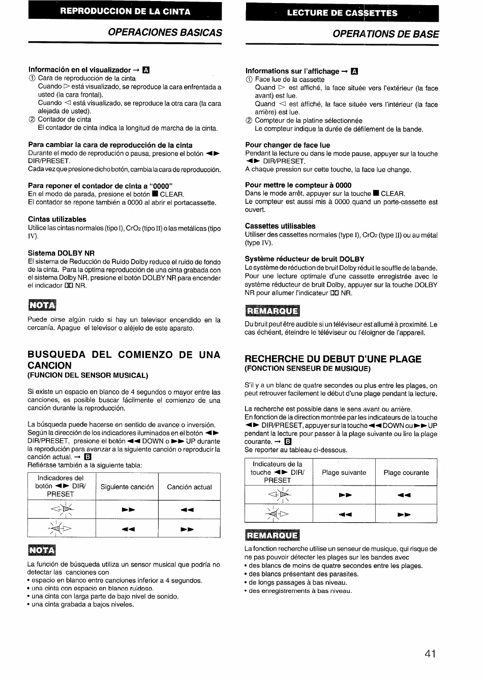 Información en el visualizador q, Para cambiar la cara de reproducción de ia cinta, Para reponer el contador de cinta a “0000 | Cintas utilizables, Sistema dolby nr, Informations sur i’affichage, Pour changer de face lue, Pour mettre le compteur à 0000, Cassettes utilisables, Système réducteur de bruit dolby | Aiwa CX-N4000 U User Manual | Page 41 / 84