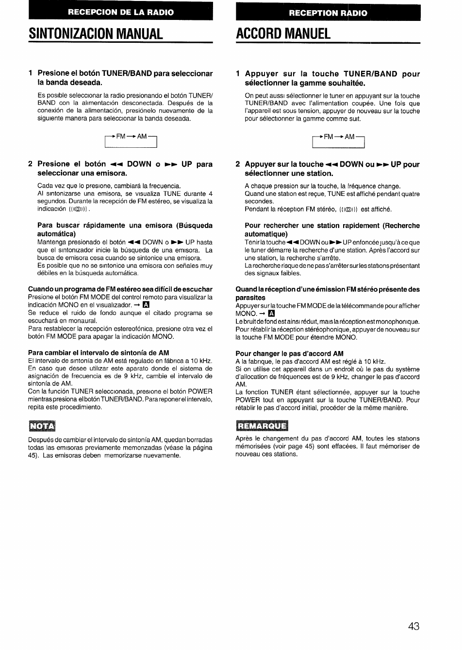 Sintonizacion manual, Para cambiar ei intervalo de sintonía de am, Appuyer sur la touche sélectionner une station | Pour changer le pas d’accord am, Sintonizacion manual accord manuel | Aiwa CX-N4000 U User Manual | Page 43 / 84