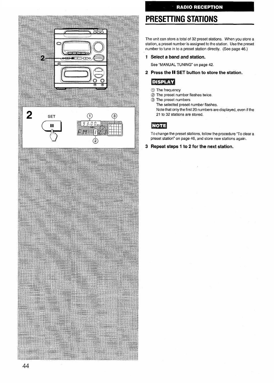 Presehing stations, 1 select a band and station, 2 press the ii set button to store the station | 3 repeat steps 1 to 2 for the next station, Presetting stations | Aiwa CX-N4000 U User Manual | Page 44 / 84