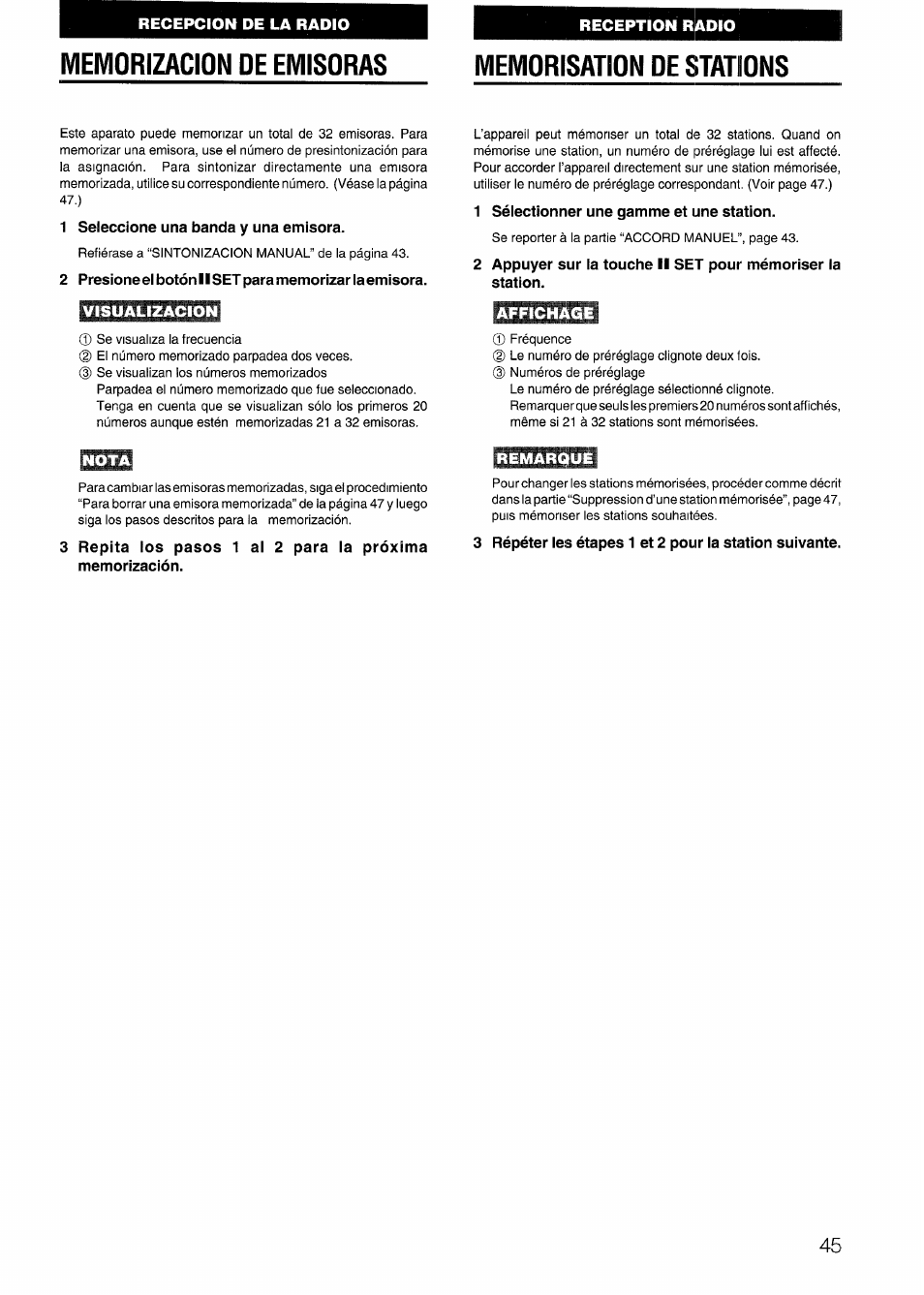 Memorizacion de emisoras, Memorisation de stations, 1 seleccione una banda y una emisora | 1 séiectionner une gamme et une station | Aiwa CX-N4000 U User Manual | Page 45 / 84