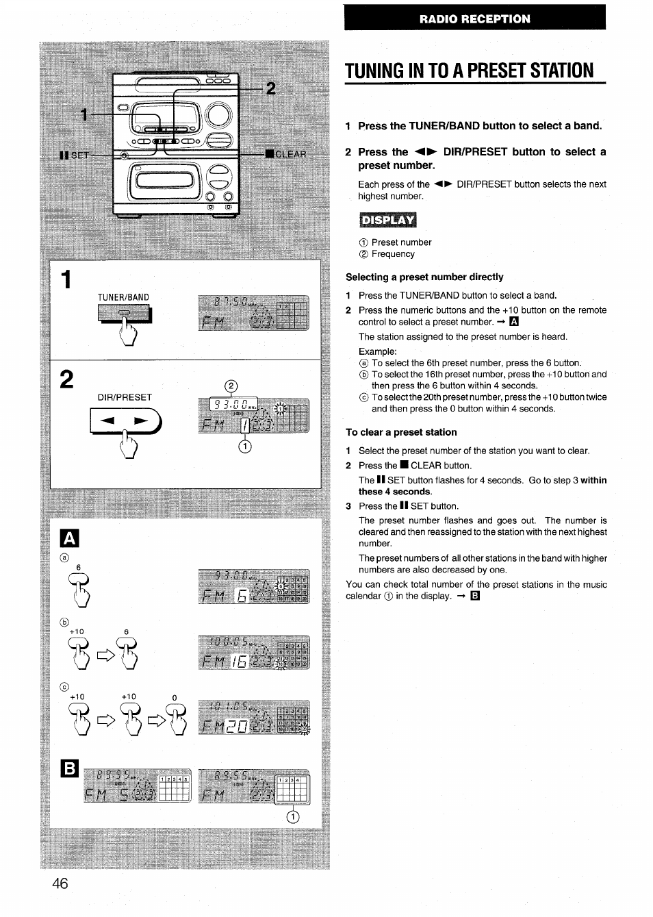 Tuning in to a preset station, 1 press the tuner/band button to select a band, Selecting a preset number directly | To clear a preset station, Fm (m | Aiwa CX-N4000 U User Manual | Page 46 / 84