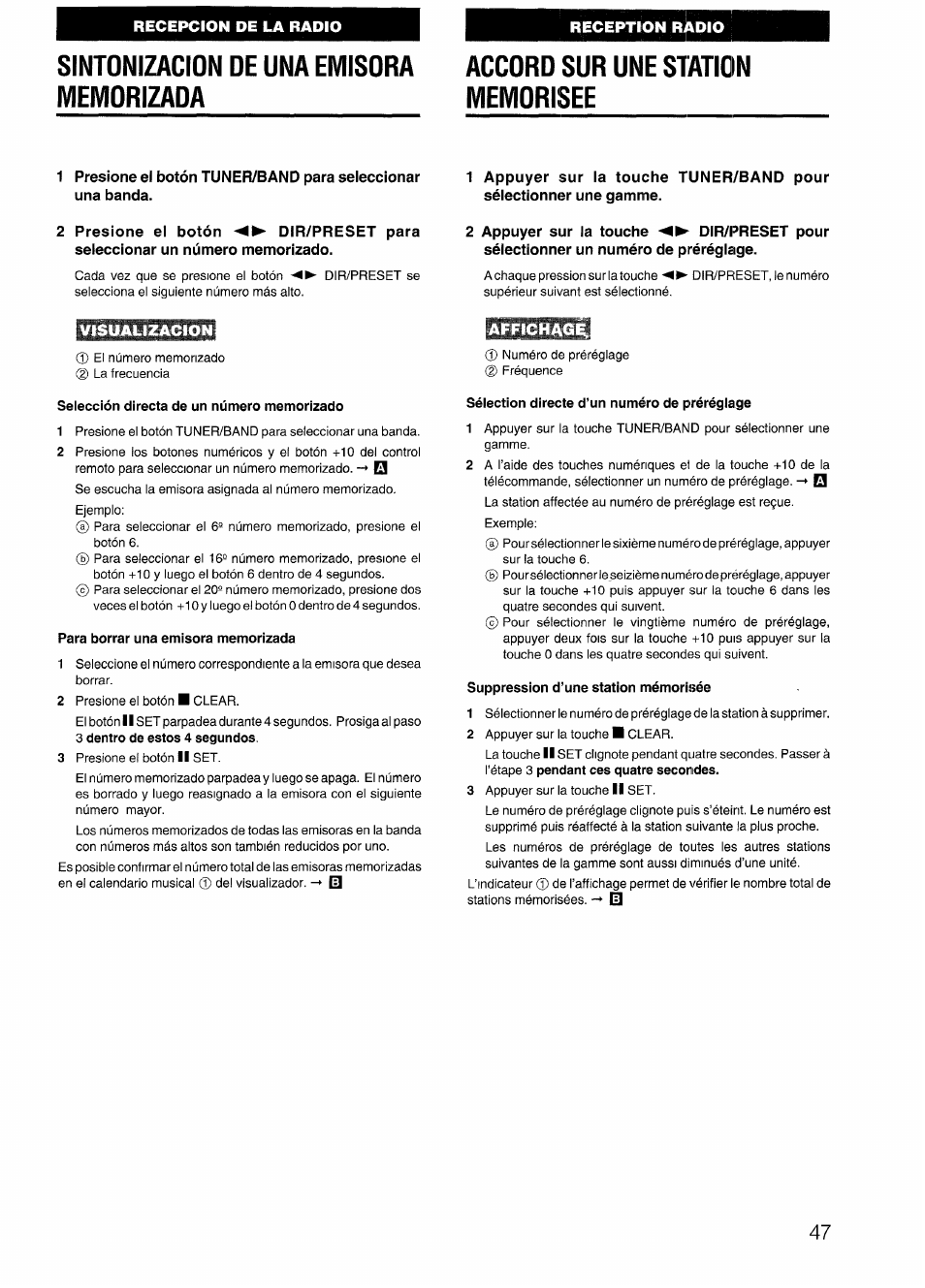 Sintonizacion de una emisora memorizada, 2 presione el botón dir/preset para, Seleccionar un número memorizado | Selección directa de un número memorizado, Para borrar una emisora memorizada, Sélection directe d’un numéro de prérégiage, Suppression d’une station mémorisée | Aiwa CX-N4000 U User Manual | Page 47 / 84