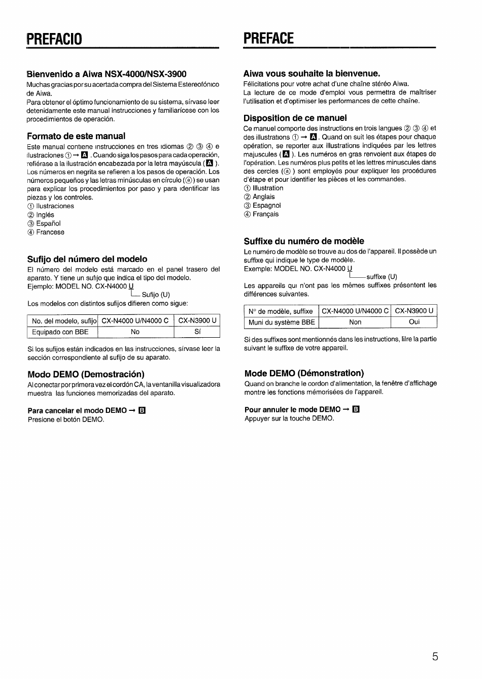 Bienvenido a aiwa nsx-4000/nsx-3900, Formato de este manual, Modo demo (demostración) | Para cancelar el modo demo -* q, Aiwa vous souhaite la bienvenue, Disposition de ce manuel, Mode demo (démonstration), Pour annuler le mode demo -r [0, Prefacio preface | Aiwa CX-N4000 U User Manual | Page 5 / 84