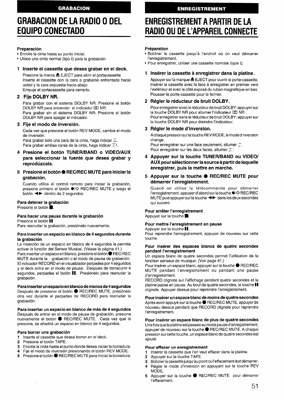 Grabacion de la radio 0 del eouipo conectado, Préparation, Pour mettre l’enregistrement en pause | Aiwa CX-N4000 U User Manual | Page 51 / 84