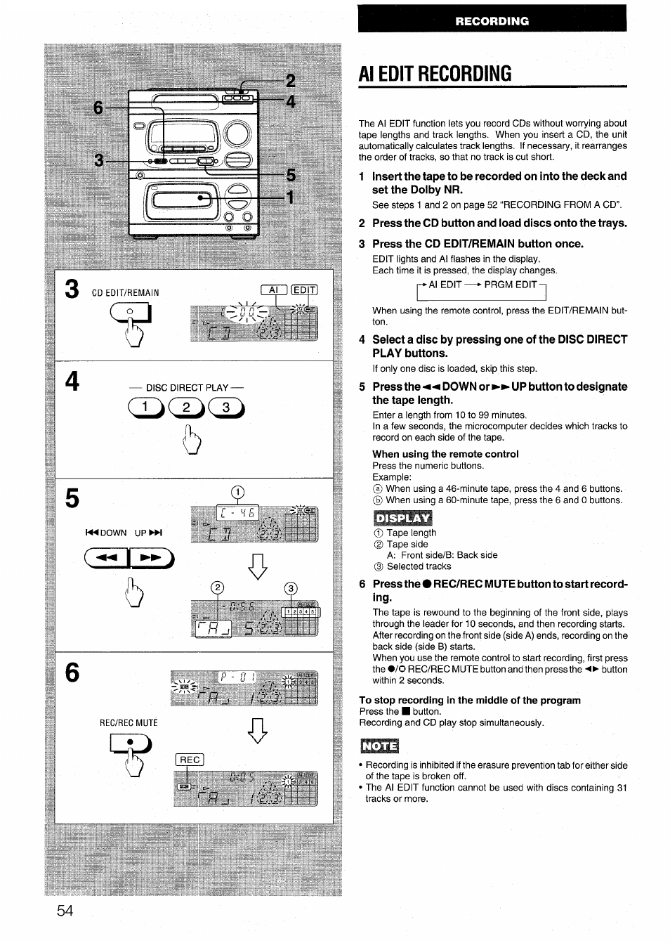 Al edit recording, 3 press the cd edit/remain button once | Aiwa CX-N4000 U User Manual | Page 54 / 84