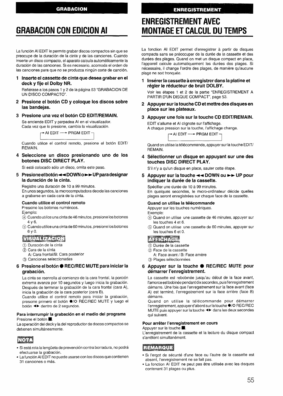 Grabacion con edicion al, Enregistrement avec montage et calcul du temps | Aiwa CX-N4000 U User Manual | Page 55 / 84